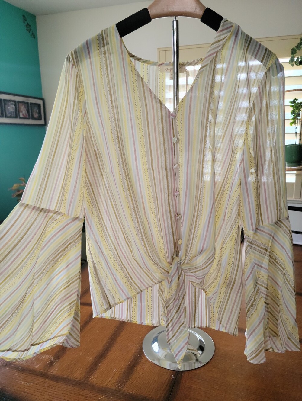 Mystree Light Yellow Striped Tie-Front Blouse - Women Tops